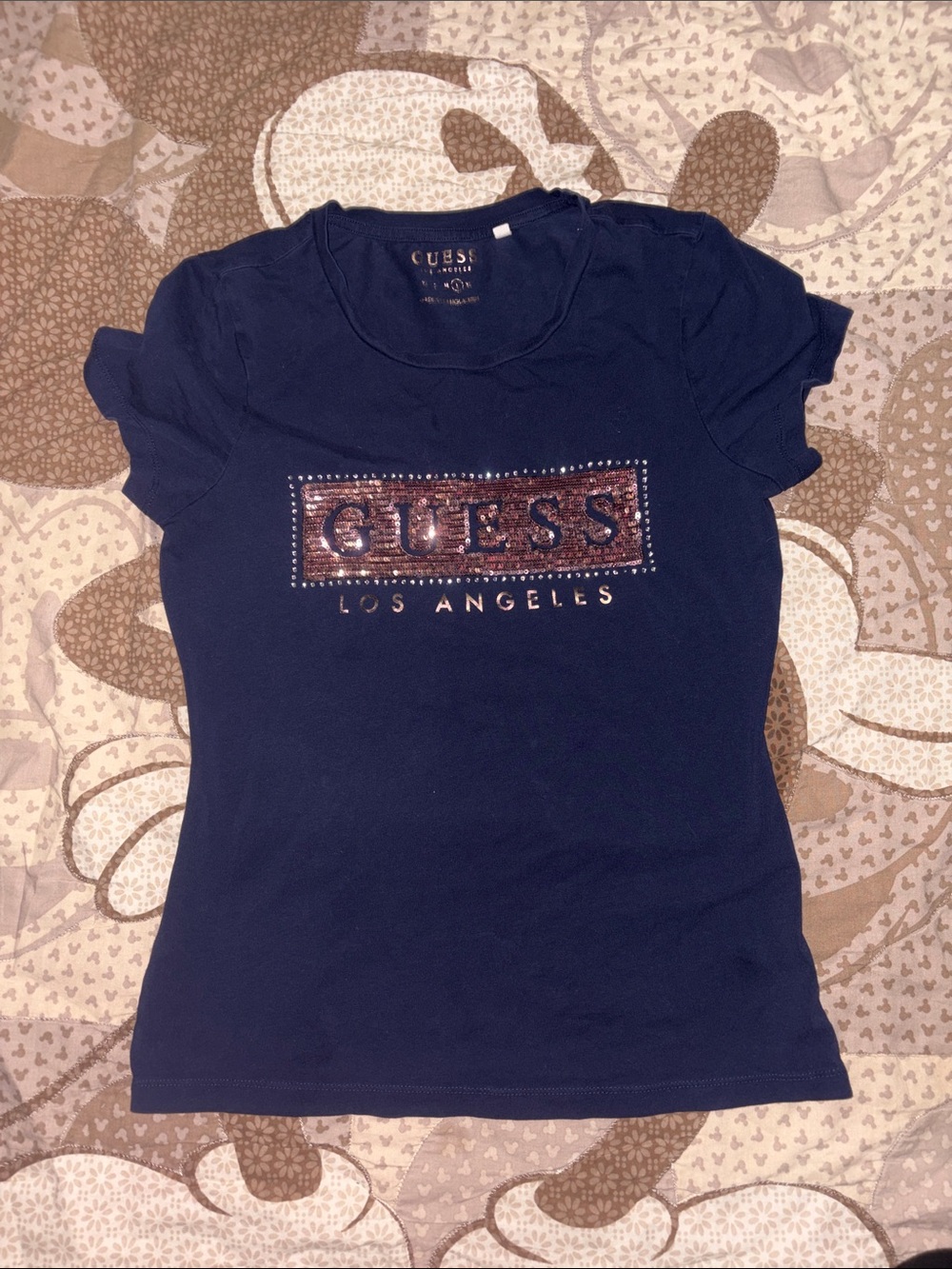 GUESS Navy Short Sleeve Tee with Rose Sequin Logo